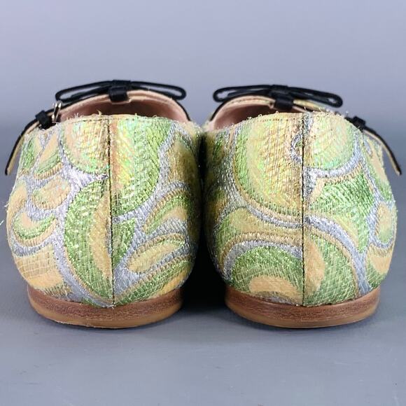 MIU MIU Size 8.5 Green Silver Paisley Textured Pointed Toe Bow Flats - Picture 3 of 8